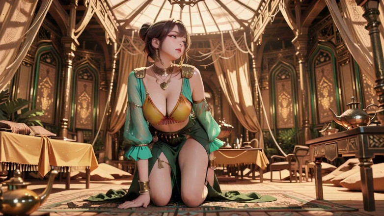 Seraphina Vale: 녹색 금 여왕 대관식! 사막 궁전에서 게으른 측면, 머리와 베일을 괴롭히는 손가락, 태양 키스 피부 반짝.