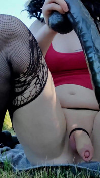 Risky Dildo Fucking Outdoors Lindfolded and Cumshot