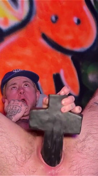Tattooed Tboy XXX Skips Stretches His Pink Boy Pussy with an Xl Cross Dildo