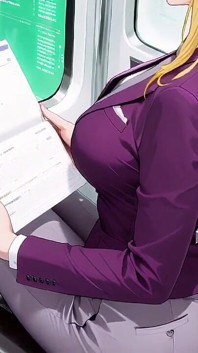 Une patronne blonde en costume violet ! Moments privés dans le train du bureau. Elle s’enfile plusieurs fichiers en ajustant sa jupe en secret...