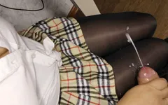 Cum on legs. Black tight pantyhose and sperm on them