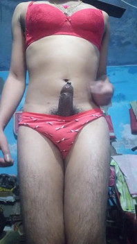 Indian Femboy Crossdresser Wearing His Step Sister's Red Bra and Panties