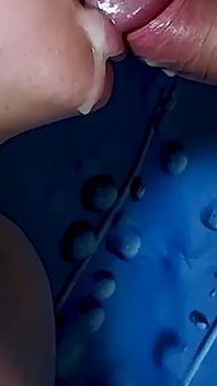 Cum Stream Fills Mouth. Lot Cum Flows From Mouth.