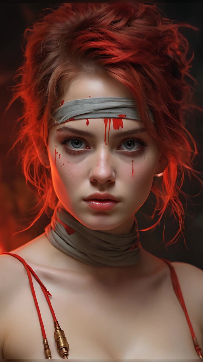 LustRender: Künstlerischer Akt einer schönen jungen Frau in bemalte Kriegsbandagen mit...