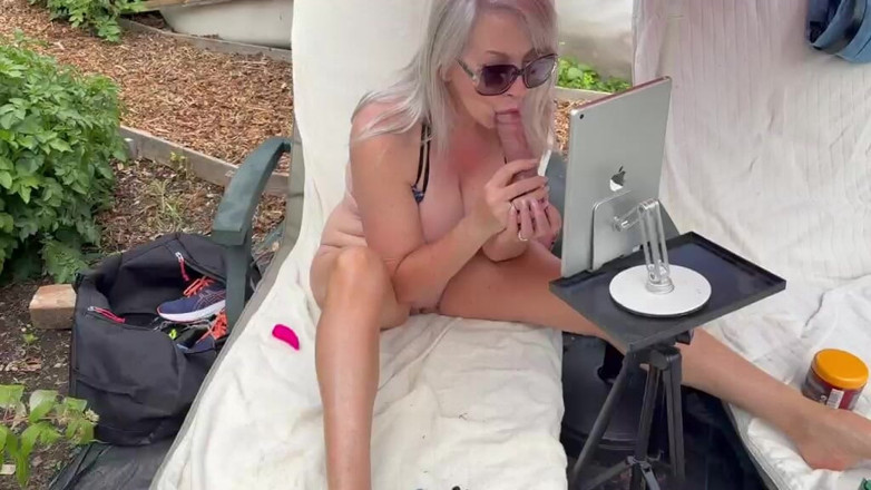 British Cougar: Suck Dildo in My Garden During Show