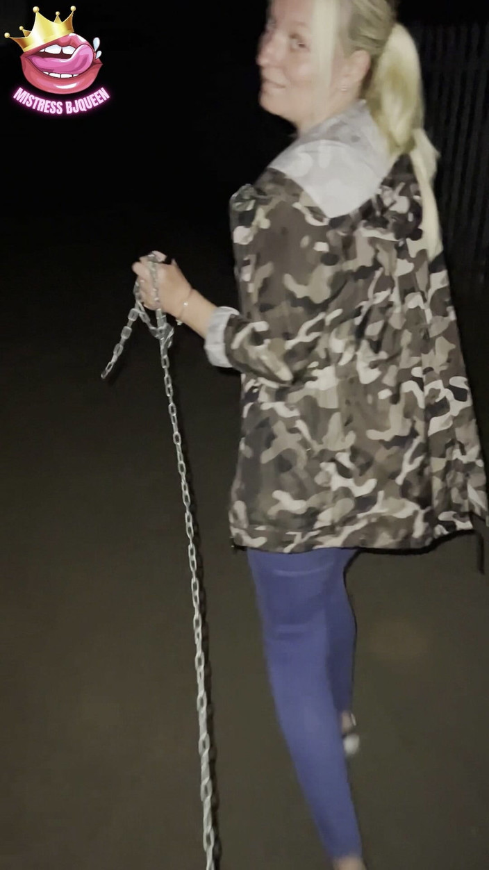 Mistress BJQueen: Humiliating Chastity Walk on a Leash Attached to His Locked...