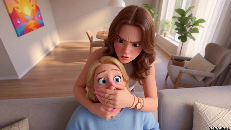 Gagged AI Cartoons: Handgag by Stepdaughter