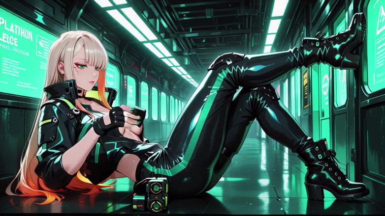 Tay Swift X: Neon regennacht! Blonde agent in nat leren hurkend laag, holografische...