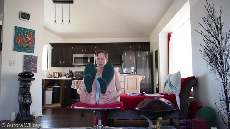 Aurora Willows: Yoga in a blue bodysuit and knee high socks