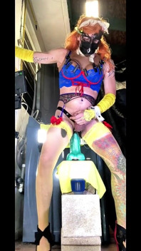 TS Shemale Beauty Blue Panties Stocking Outside Riding Big Green Dildo