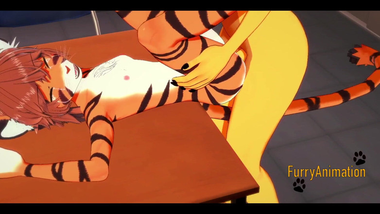 Yaoitube: Harige Futanari Hentai 3D - futanari en tijgermeisje pijpbeurt en geneukt met...