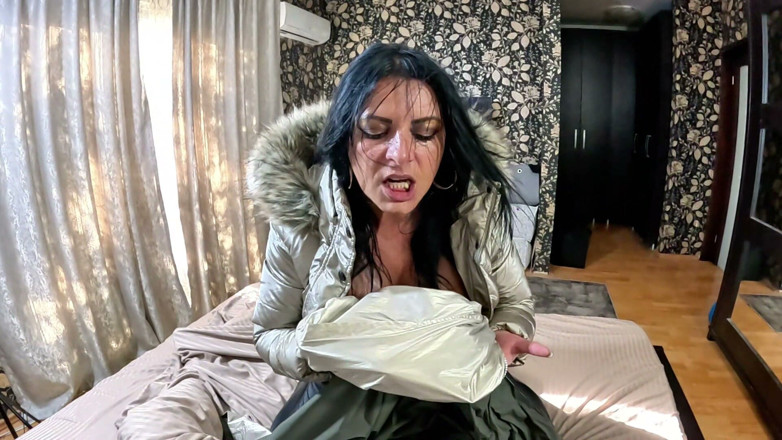 MilfyCalla: Dominant Golden Downjacket MILF Satin Fantasy, Deepthroat, Spit, Cum on...