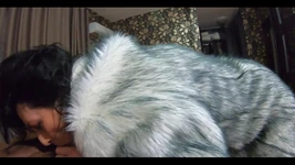 Face Fuck,cum Play While Wearing a Hot Grey Fur-coat and Long Boots 214