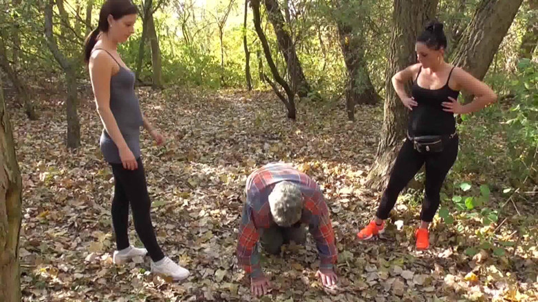 Femdom Austria: Kicking the old slave in the forest