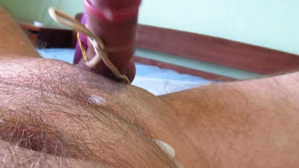 Hot guy solo: Tightly tied vibrator to big cock made big cumshot