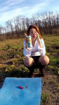 Skinny Readhead Smoking and Laughing Outdoor While Touching Her Pussy Trough Pantyhose