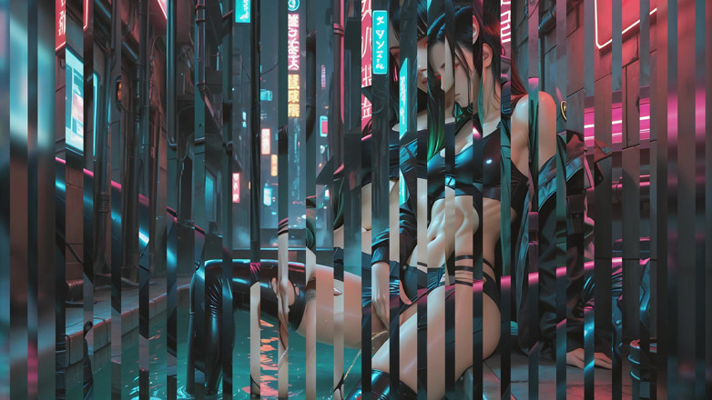 LustRender: Cyberpunk, une samouraï de rue libère une longue pisse puissante