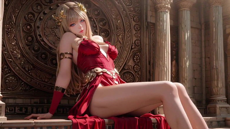 Seraphina Vale: Ratu rambut pirang dengan baju merah! Duduk di pinggir air...