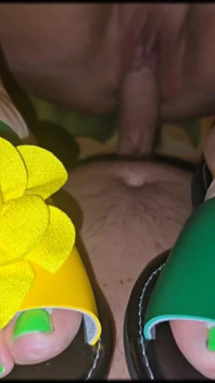 Stepmom in Bright Flip-flops in Bed with Her Stepson