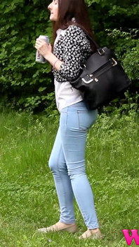Desperate Brunette Feels Her Bladder so Full She Is in Danger of Pissing in Her Jeans in the Woods