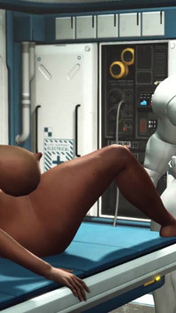Ein sexy junges vollbusiges ebenholz hat harten analsex mit sexroboter im medbay