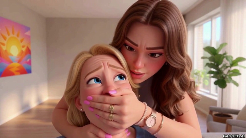 Gagged AI Cartoons: Üvey kız tarafından elle sikiliyor