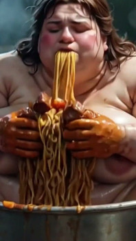 Maciça rabuda nua comendo comida como uma louca - buceta peluda exposta