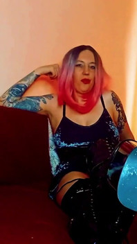 Lady Angela Male Submissive Kneels on the Floor and Licks Black Pvc Thigh High Boots Bot Worship Boot Domination Heels Sucking