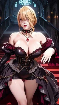 Blonde in a Black Gown Swaying on Red Velvet, Candlelight Gaze and Fan Teasing the Collarbone