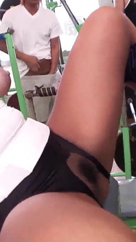 Asian teen with hairy pussy filmed in gym at gangbang