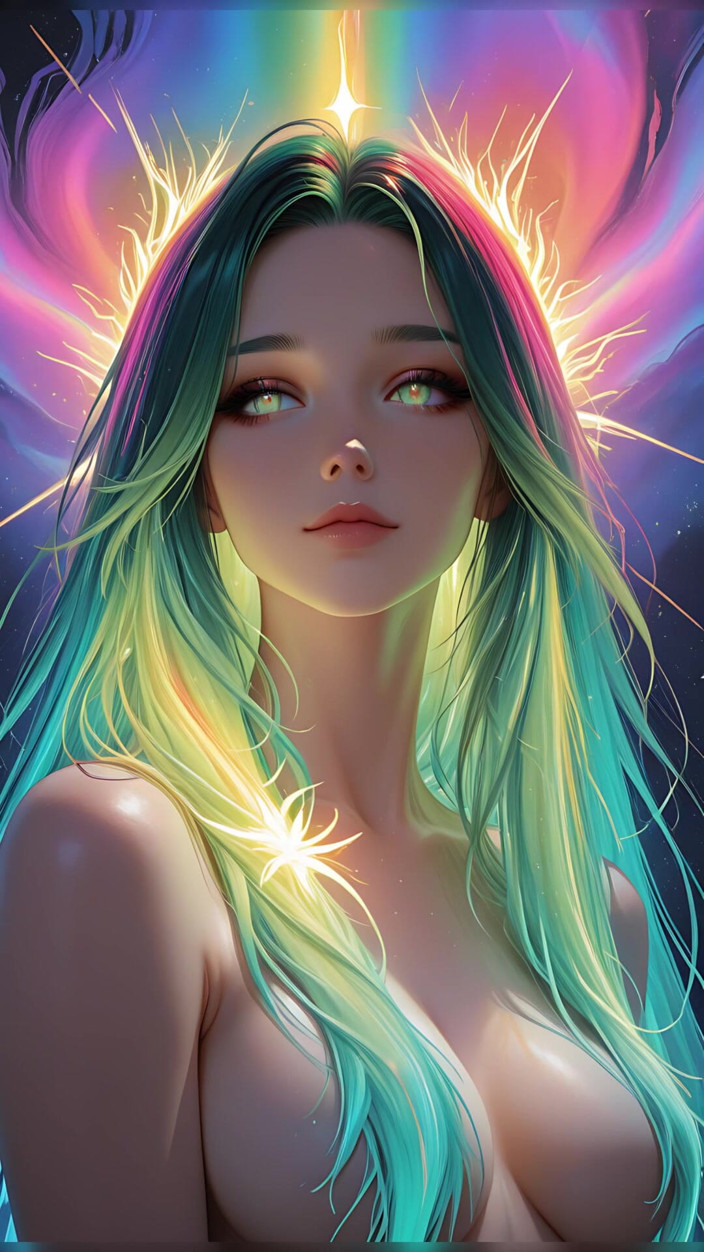 VelvetInk Studio: Parlak gözlü kozmik neon güzellik portresi rüya gibi fantezi ai...
