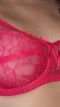 Sensual Red Lace Bra, Spandex Gloves, Caressing My Round and Firm Tits