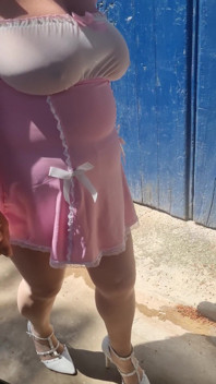 Outdoor Piss Slut in Pink Babydoll & Tan Tights. I Piss Hard While Walking Then Sitting, Soaking My Tights and White Stilettos.