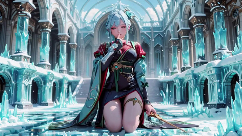 Seraphina Vale: Ice Throne! Silver-haired Mage in Red-green Gown Kneeling, Blue-haired Partner...