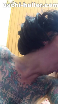 MILF Cleo with Full Body Tattoo Gives a Blowjob