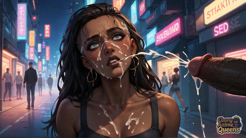 Ebony Anime Queens: Kybernetischer ebenholz-königin, milch sprudelnder orgasmus in Neon city! Warmer dunkler...