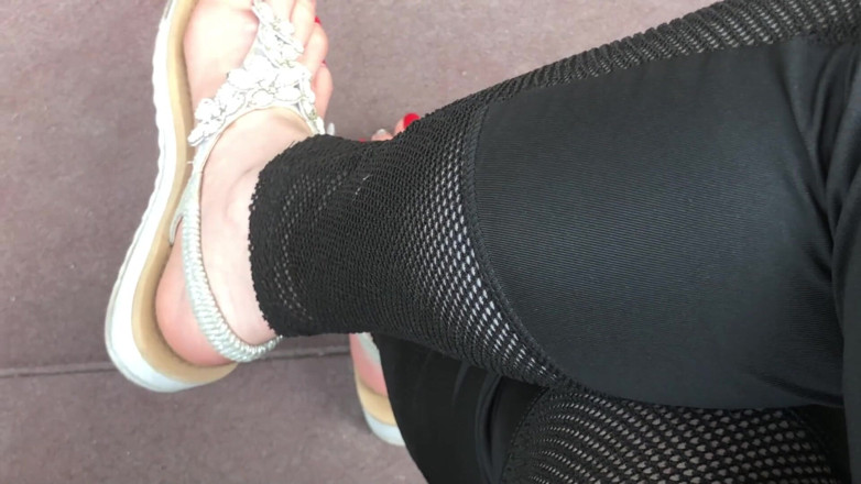Goddess Misha Goldy: Sandals teasing outdoor with red toenails &amp; toes wiggling