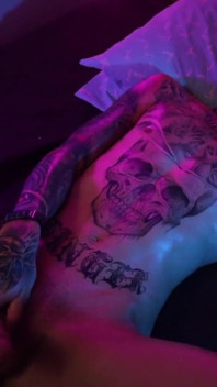 Hot Tattooed Twink Jerking His Big Uncut Cock with Oil and Shooting His Cum