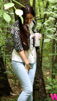 Skinny Brunette Desperate to Pee in the Woods Has to Find a Way to Empty Her Bladder