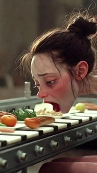 Chica extremadamente flaca atada - rellena de comida hasta que se llena