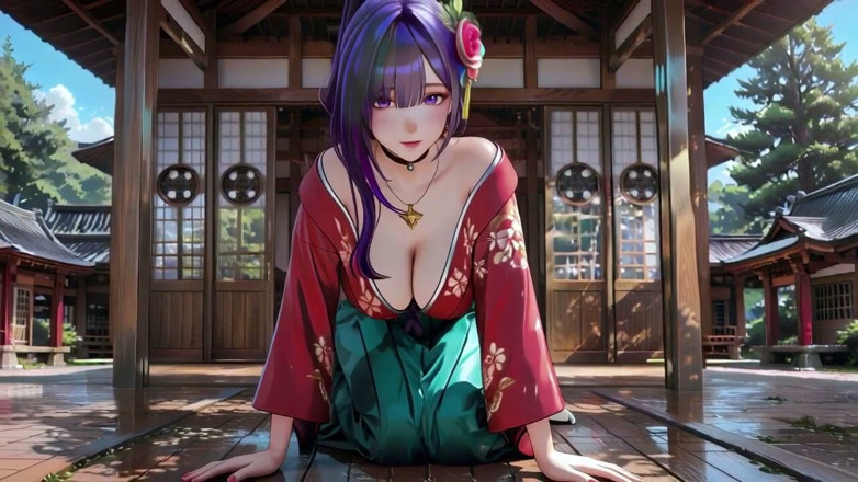 Seraphina Vale: Purple Hair &amp; Kimono! Seductive Kneeling in a Japanese Garden.