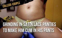 College-couple: 새틴 레이스 팬티를 입고 바지에 사정하기 위해 연삭