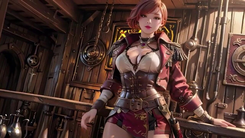 Seraphina Vale: Roodharige piratenkapitein! Spelen met haar Cutlass in een vintage schipcabine.