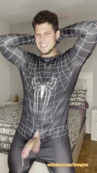 Big Cumshot with My Big Cock and No Hands! Spiderman Outfit