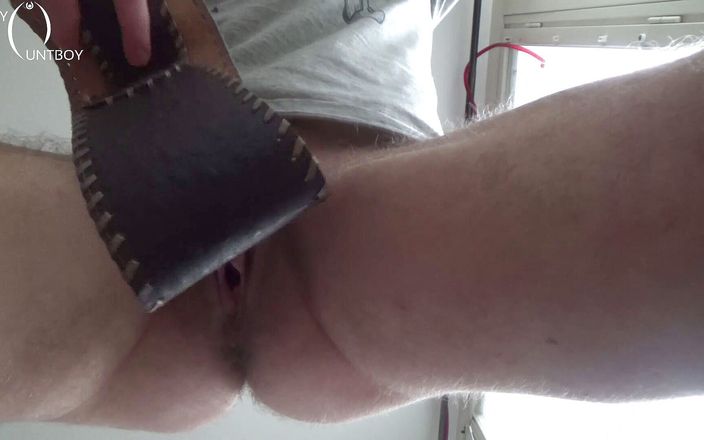 FTM hairy pussy BDSM: Wide Leather Belt Hairy Pussy Spanking
