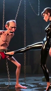Ballbusting – Dominatrix kope svázanému muži do koulí