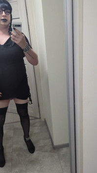 Sissy in Chastity Dances in Stockings & Heels with Big Fake Tits - Wednesday Addams Cosplay