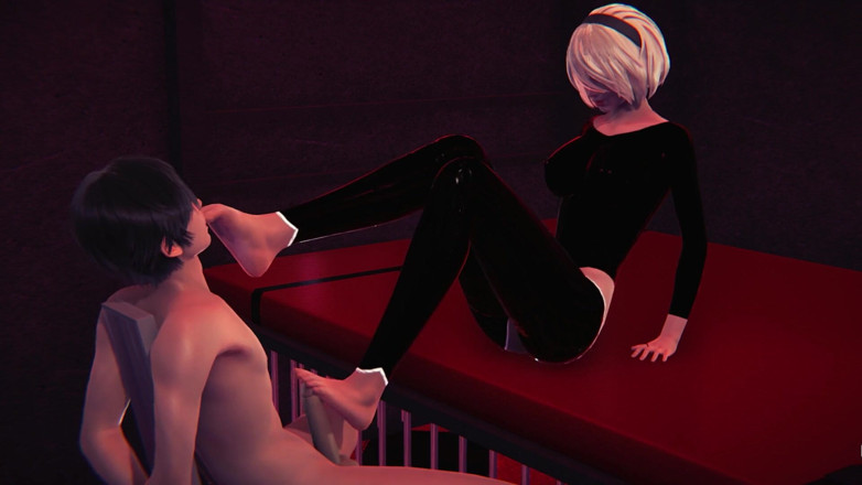Waifu club 3D: 2B footjob tvého ptáka, zatímco jsi svázaná
