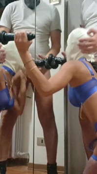 3 Cocks on My Mouth, One Real and 2 Huge Dildos, Double View with Mirror