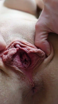 Spreading and Fingering My Big Labia Pussy Closeup